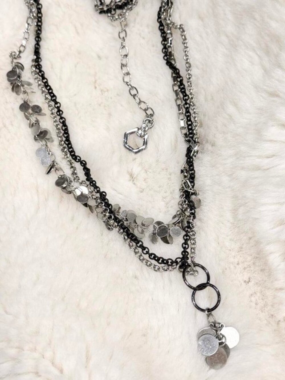 Silver & Black Layered Beaded Charm Necklace
